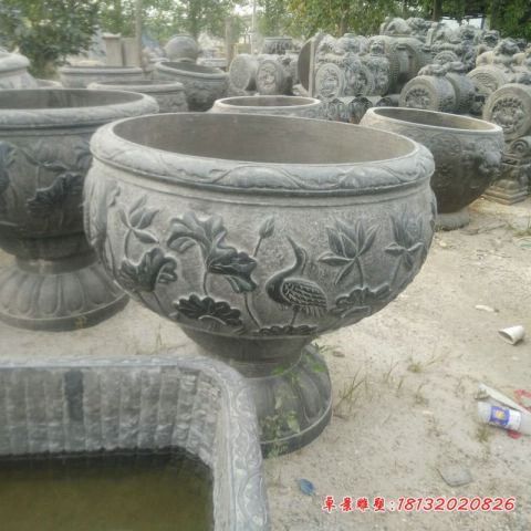 庭院仿古荷花浮雕水缸石雕