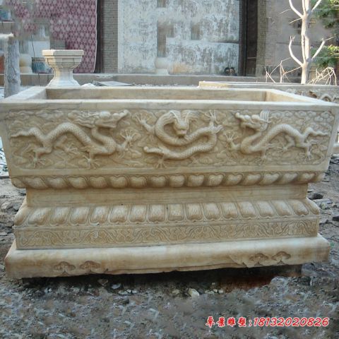 仿古汉白玉龙浮雕水缸石雕