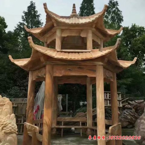 晚霞红六角双层石雕凉亭