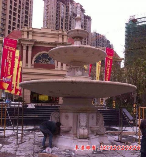 别墅景观晚霞红三层石雕喷泉