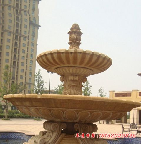 小区水景晚霞红双层石雕喷泉