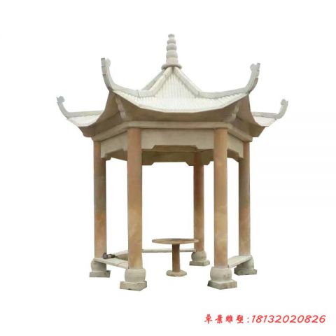 园林晚霞红六角石雕凉亭