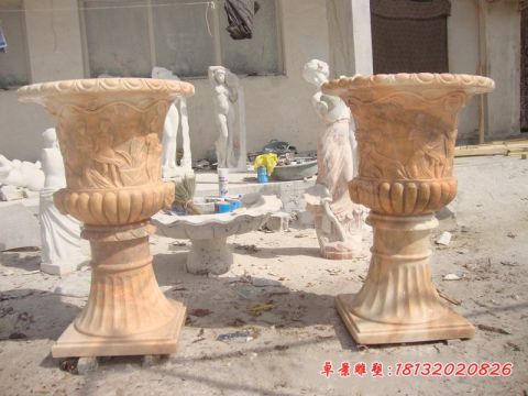 晚霞红人物浮雕石雕花盆