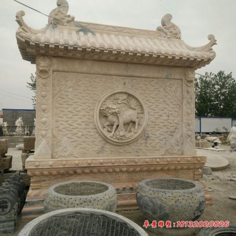 园林晚霞红麒麟浮雕石影壁