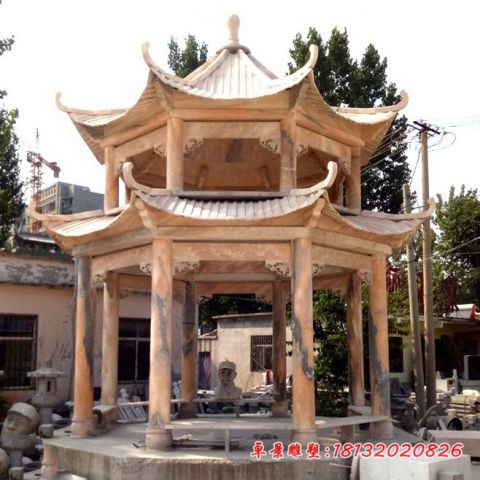 园林晚霞红八角凉亭石雕