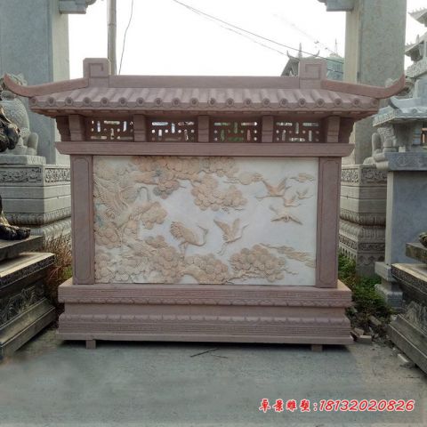 庭院晚霞红松鹤浮雕石影壁