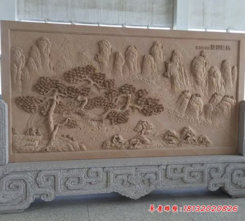 晚霞红迎客松浮雕影壁石雕