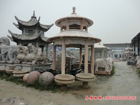 公园晚霞红双层圆顶凉亭石雕