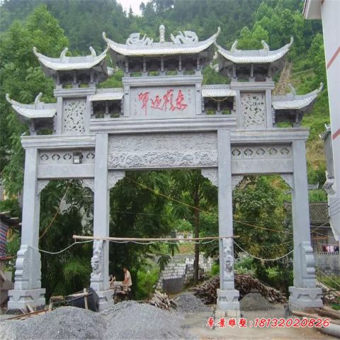 村口大理石三门七楼石雕牌坊