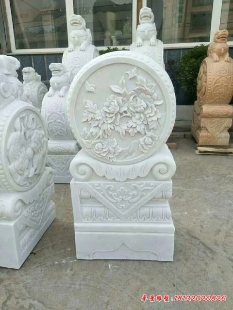 汉白玉牡丹浮雕门墩石雕