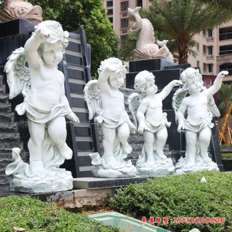 小区汉白玉提灯小天使石雕