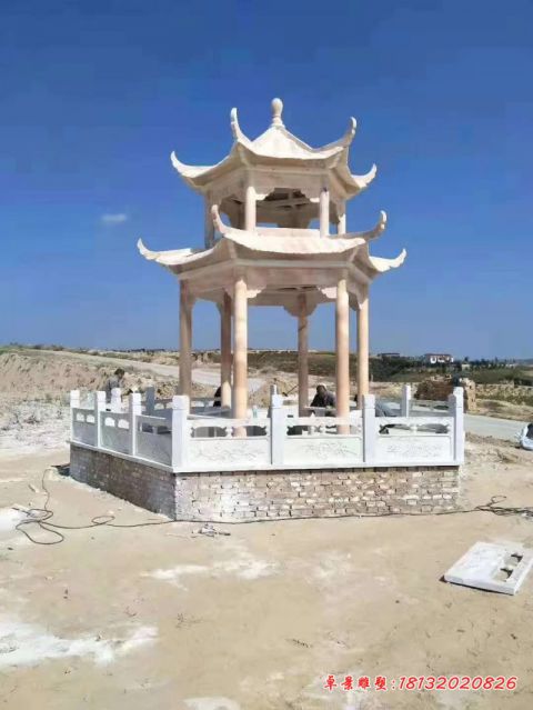 景区晚霞红六角双层石雕凉亭