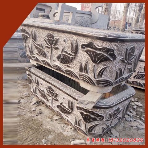 园林莲花浮雕水缸石雕