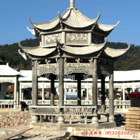 青石仿古双层八角凉亭石雕