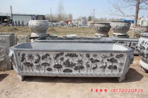 青石莲花鲤鱼方形水缸石雕