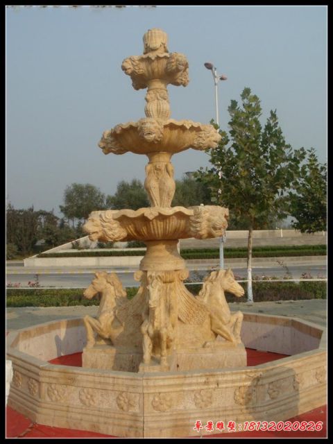 晚霞红三层欧式石雕喷泉