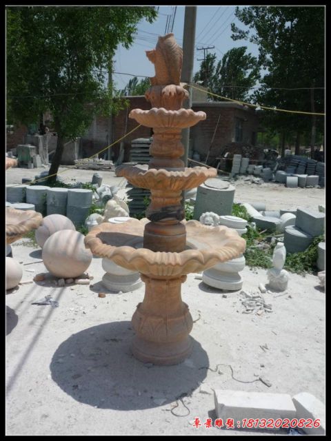 三层晚霞红鲤鱼喷泉石雕