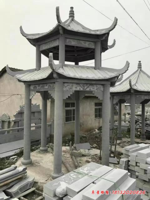 青石仿古六角双层凉亭石雕