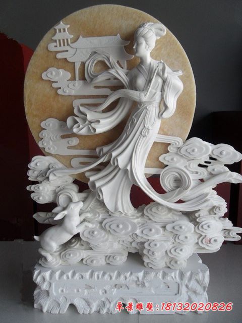 汉白玉人物嫦娥玉兔石雕