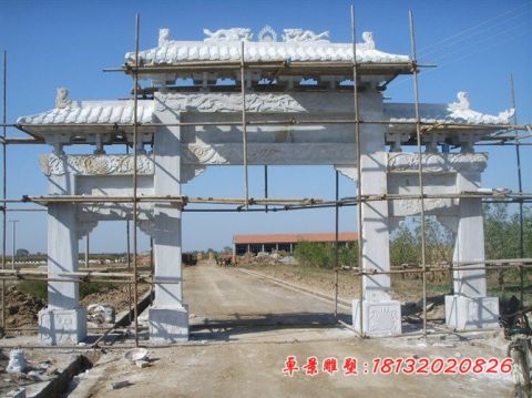 汉白玉龙浮雕三门牌坊石雕