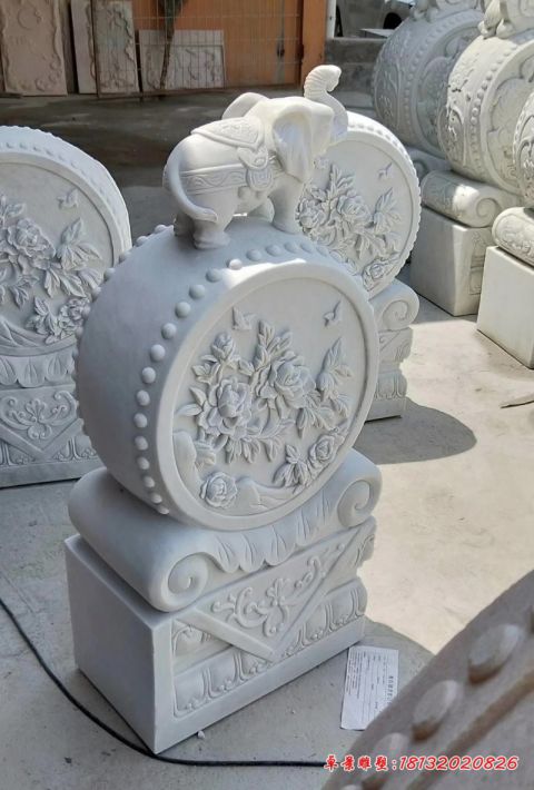 门前汉白玉小象门墩抱鼓石