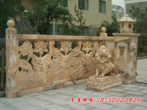 晚霞红荷花浮雕围墙石栏板