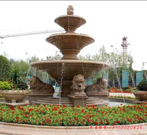 小区三层狮子石雕喷泉