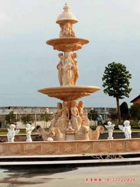 晚霞红西方人物大型欧式喷泉石雕