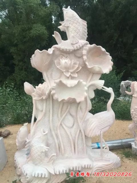 公园晚霞红鲤鱼仙鹤石雕