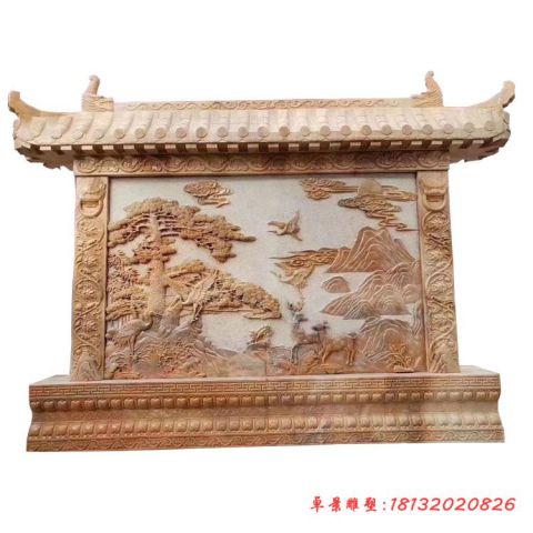 晚霞红松鹤延年浮雕影壁石雕