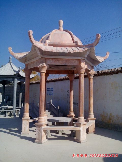 公园晚霞红圆顶六角石凉亭