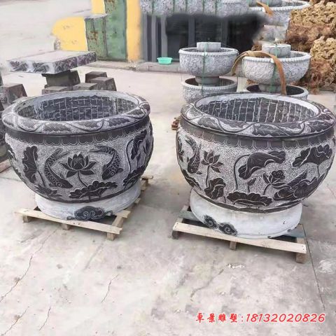 荷花浮雕石水缸