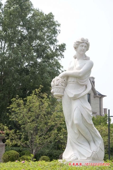 汉白玉提花篮西方人物石雕