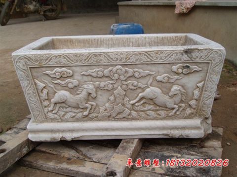 祥云奔马浮雕石水缸