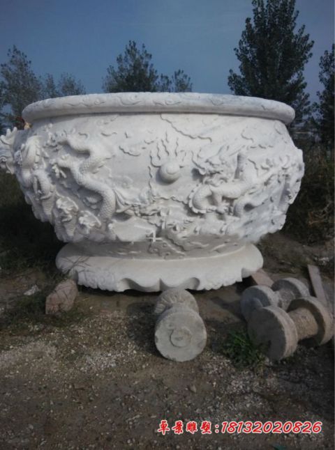 草白玉龙浮雕石雕水缸