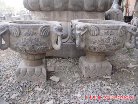青石仿古大象浮雕石雕花盆