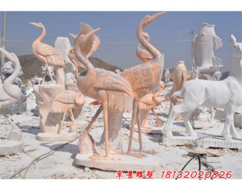 晚霞红动物石雕仙鹤