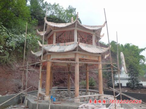 景区双层晚霞红石凉亭