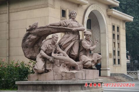 公园渔文化捕鱼人物石雕