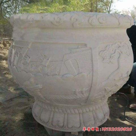 汉白玉人物浮雕石水缸