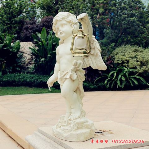 小区汉白玉西方提灯小天使石雕