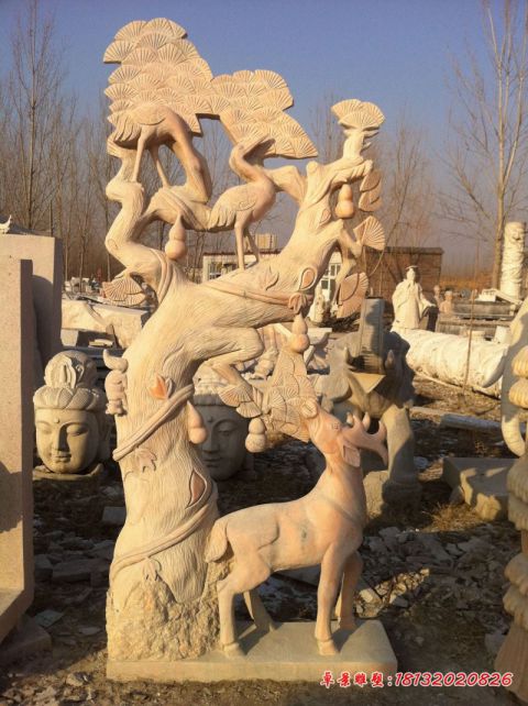 晚霞红鹤鹿同春仙鹤梅花鹿石雕