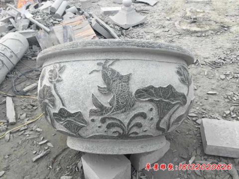 荷花鲤鱼浮雕仿古水缸石雕