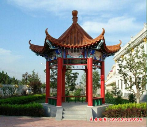 公园彩绘六角石雕凉亭