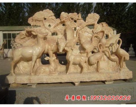 公园晚霞红梅花鹿仙鹤石雕