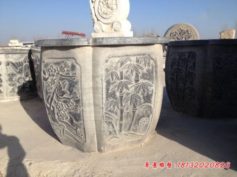 青石仿古梅兰竹菊浮雕石水缸