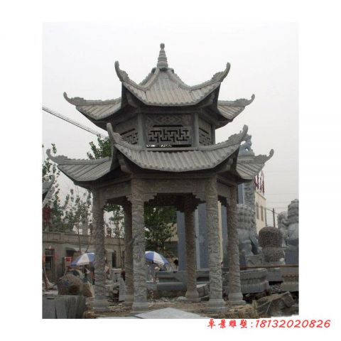 青石仿古双层六角石凉亭