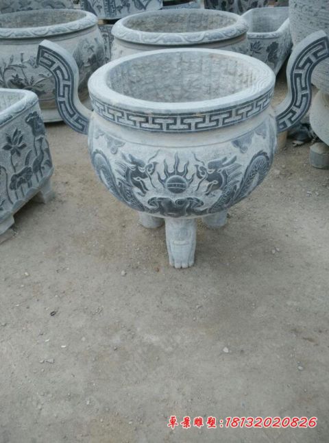 寺庙祠堂青石仿古三足香炉石雕