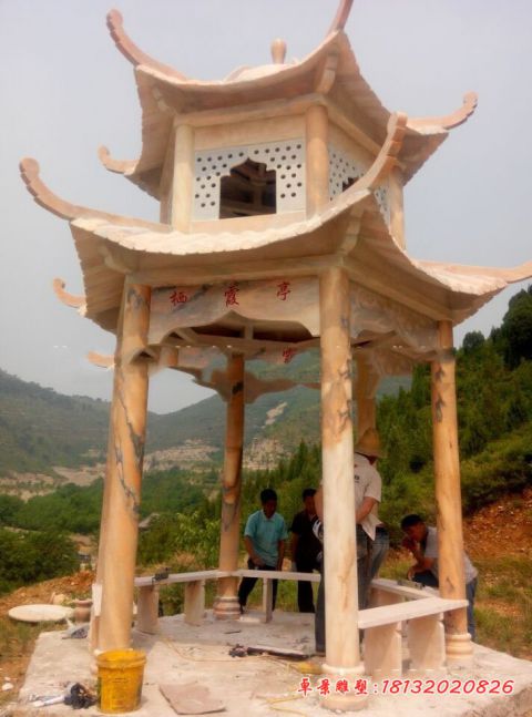 公园晚霞红双层六角石凉亭