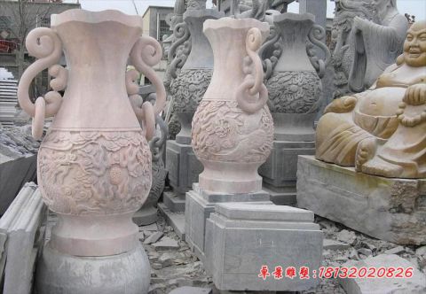 园林晚霞红花瓶石雕